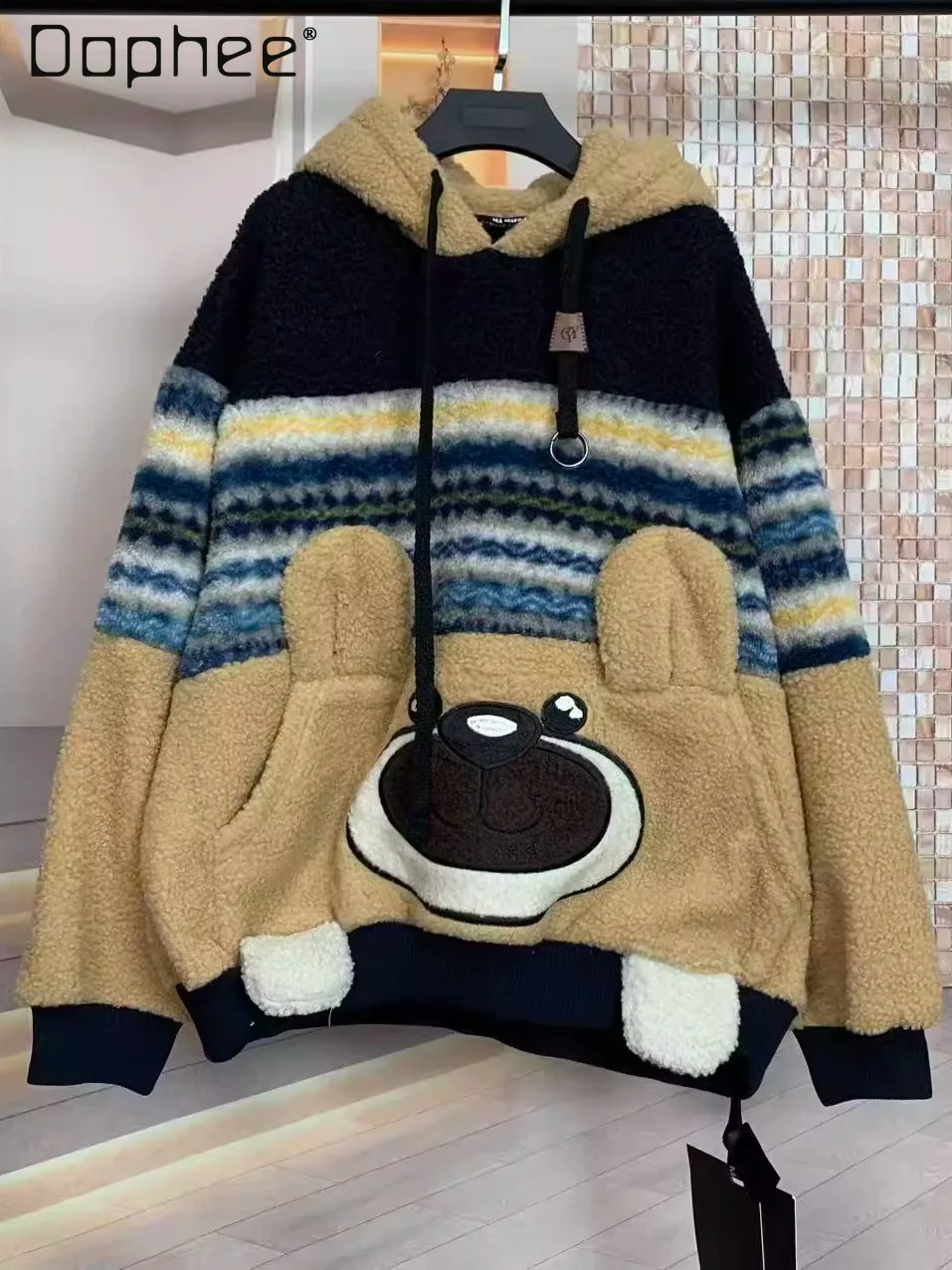 العصرية العلامة التجارية هوديس المرأة الخريف الشتاء الدافئة الصوف صوف الضأن الدب الكرتون فضفاض موضة سميكة مقنعين البلوز #2