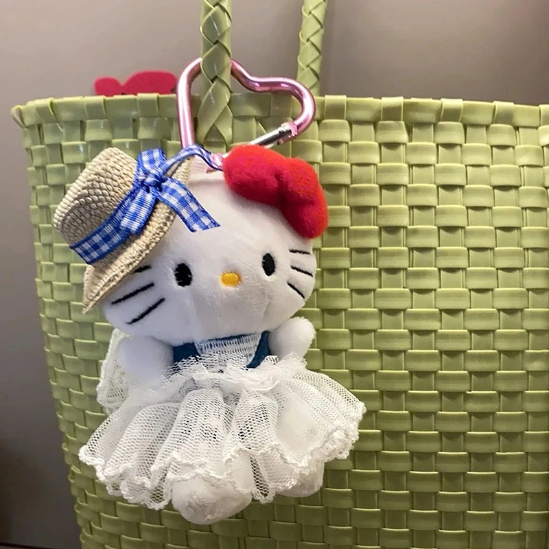 

10cm/3.93in Hello Kitty Cotton Plush Straw Hat Hepburn Style Accessories Key Ring Creativity Collectible Novelty Toys Girl Gifts