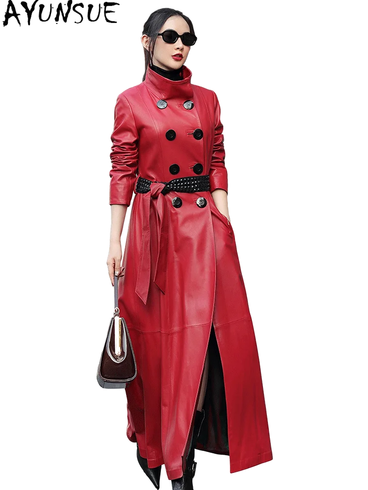 AYUNSUE Real Leather Jacket Women Red Sheepskin Down Coats Fashion Trench Coat for Woman Autumn Clothes Belt Косуха Женская