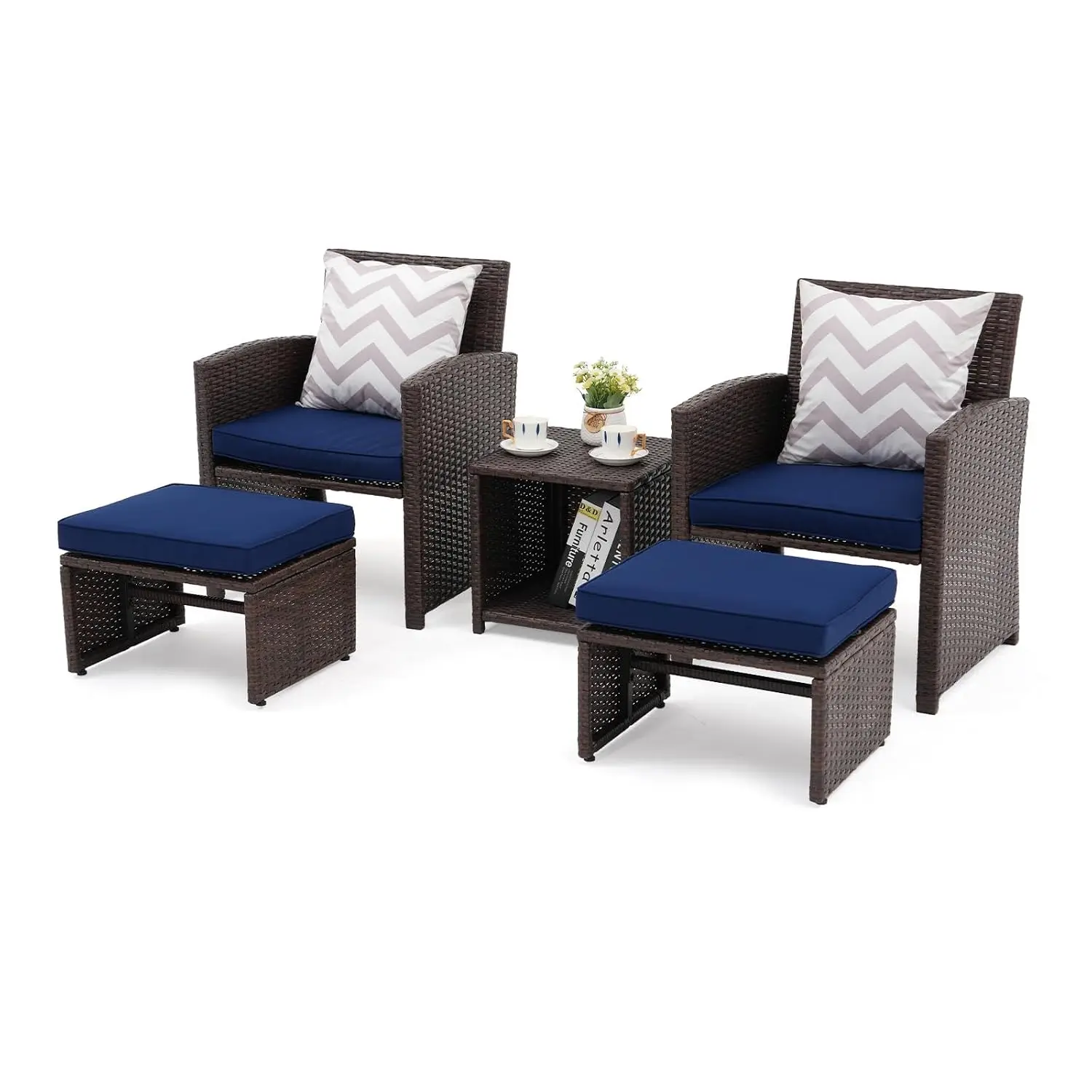 5 Pcs Patio Sofa Set w/ Chairs & Ottomans, Navy Blue, Customized
