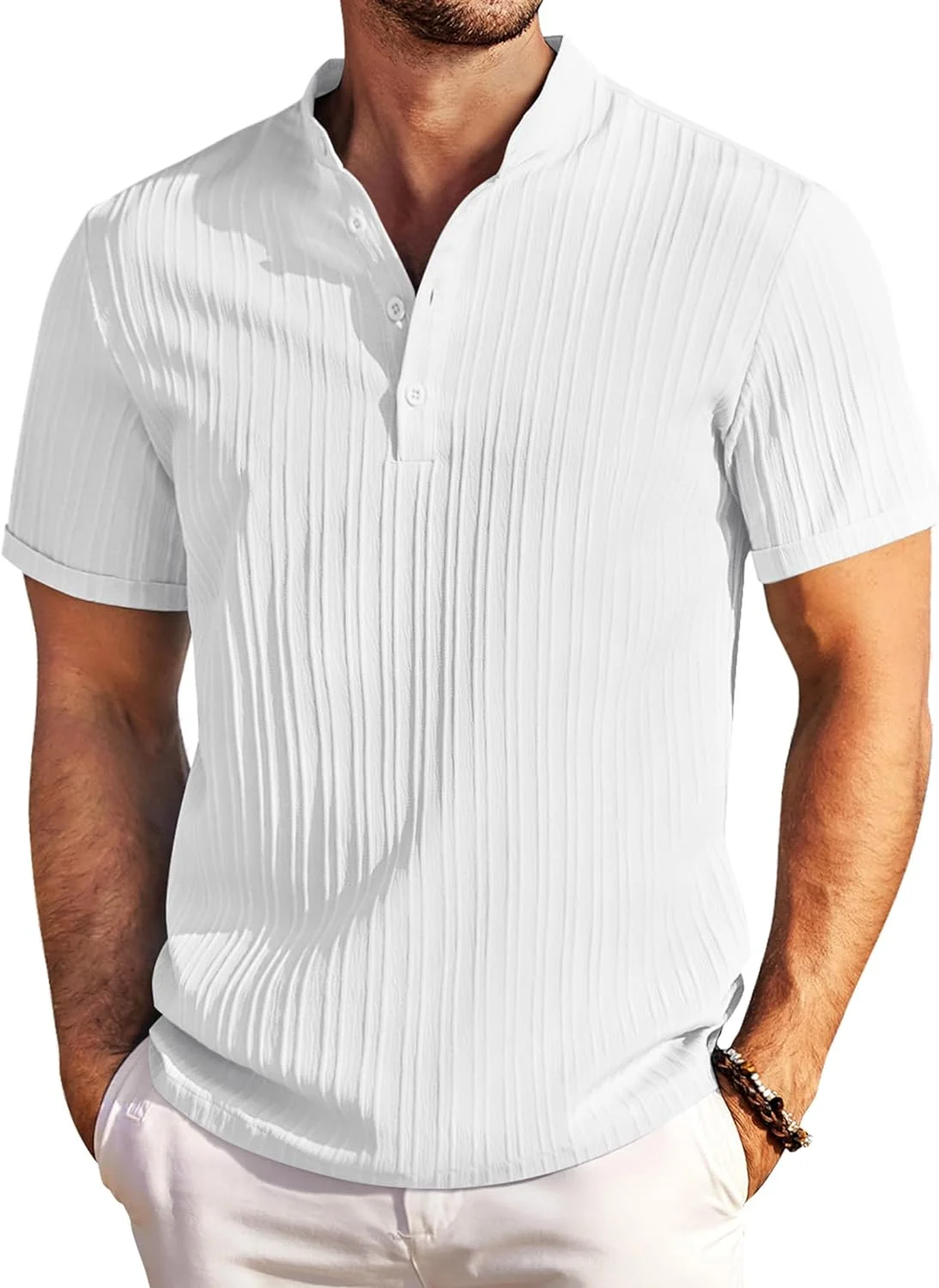 Camisa a rayas para hombre, ropa informal de manga corta con cuello levantado, estilo Harajuku, para playa y verano, novedad de 2024