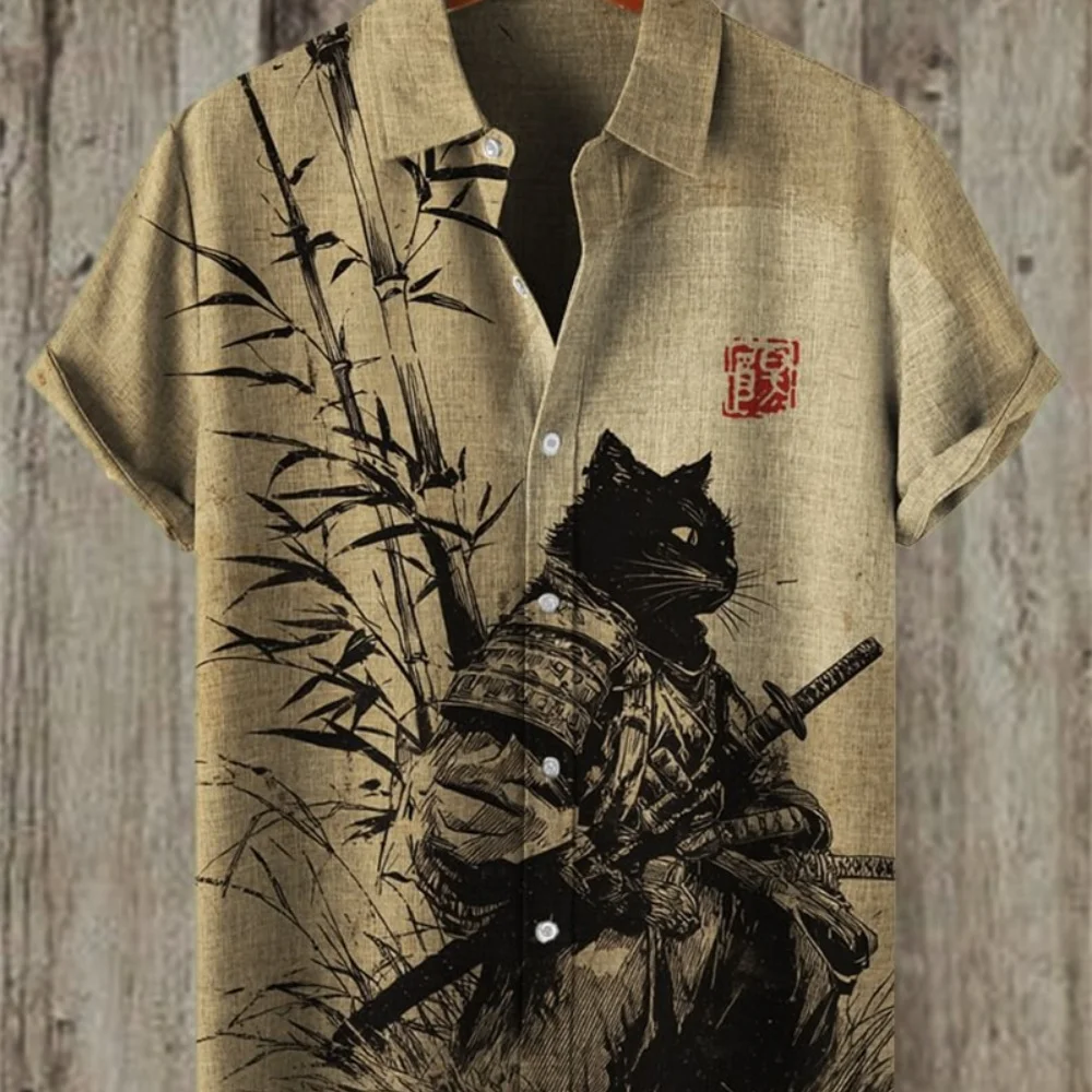 

Men's plus Size Short Sleeve Collar Design Shirt Japanese Retro Classic Art Print Linen Breathable Comfortable
