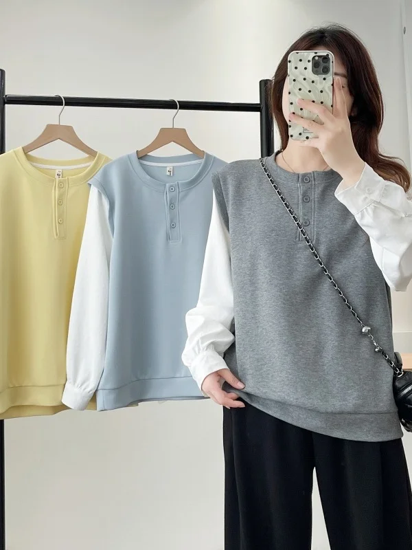

plus Size Casual Loose Long Sleeve Patchwork Sweatshirt Fake Two-Piece Korean Style Women's Autumn Fashion plus Size Top