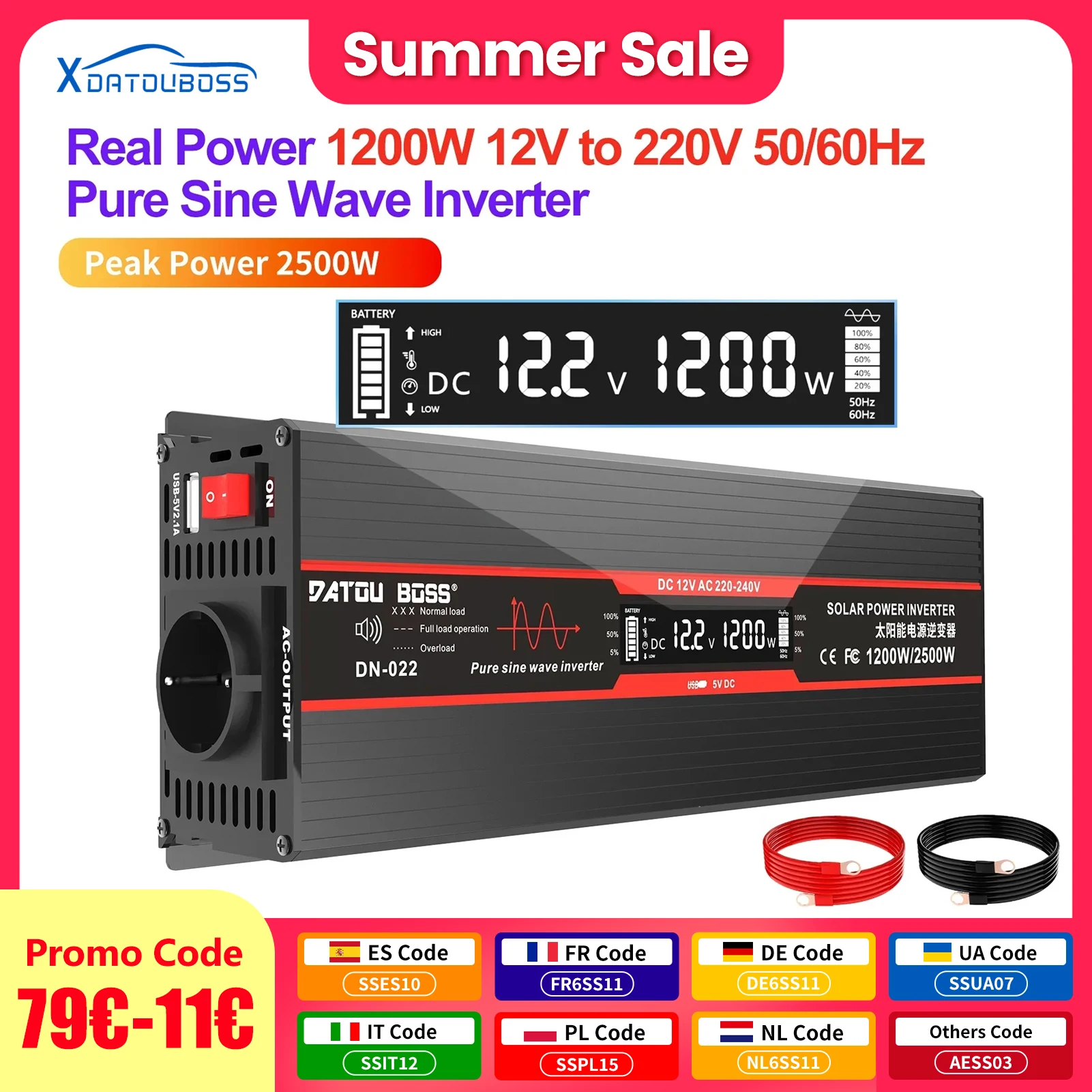 DATOUBOSS インバーター 純正弦波 12v 220v 連続1200W、ピーク2500W 