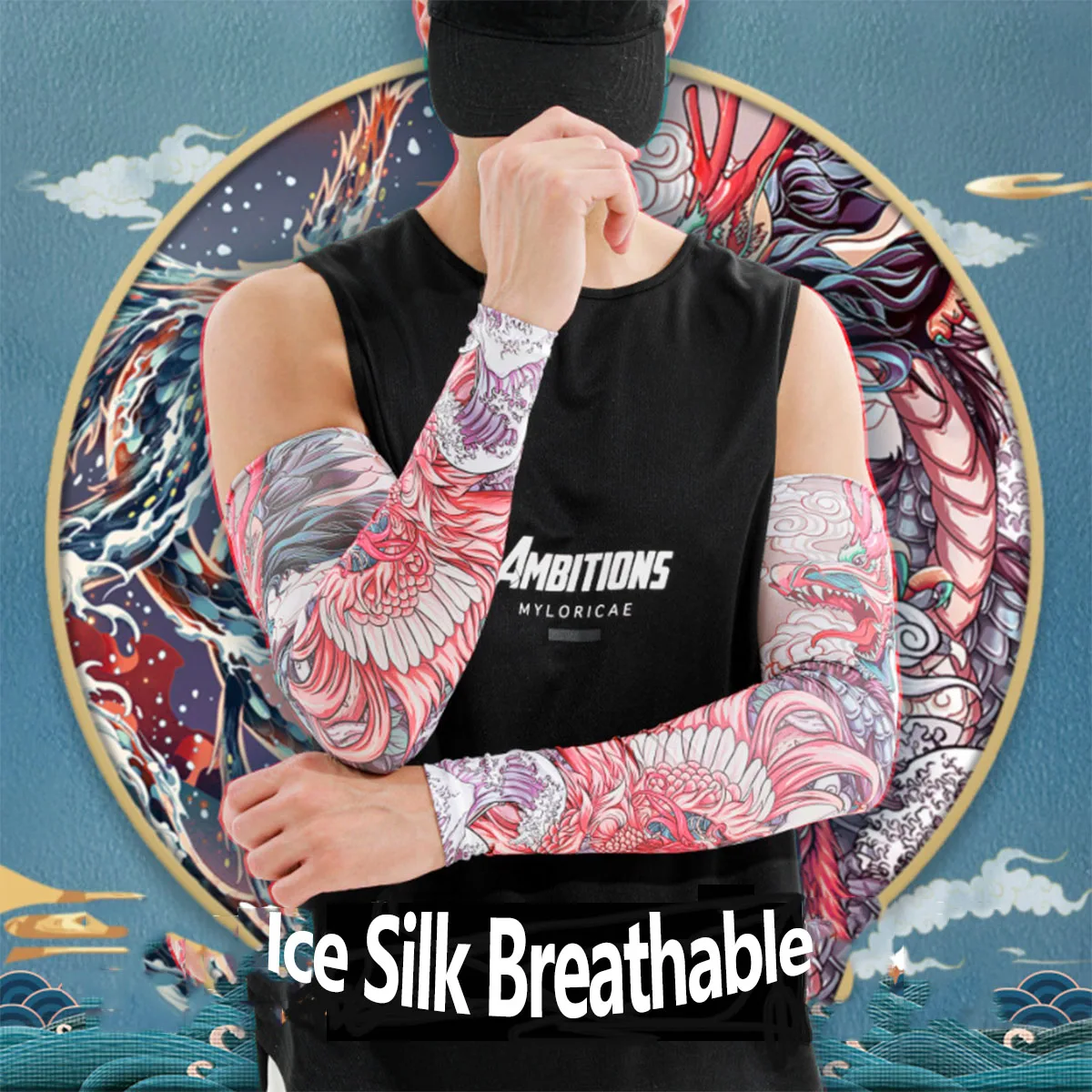 Summer Tattoo Sleeves Outdoor Cycling Arm Guards Ice Silk Sunscreen Breathable Flower Arm Men's Seamless Printed Ice Sleeves