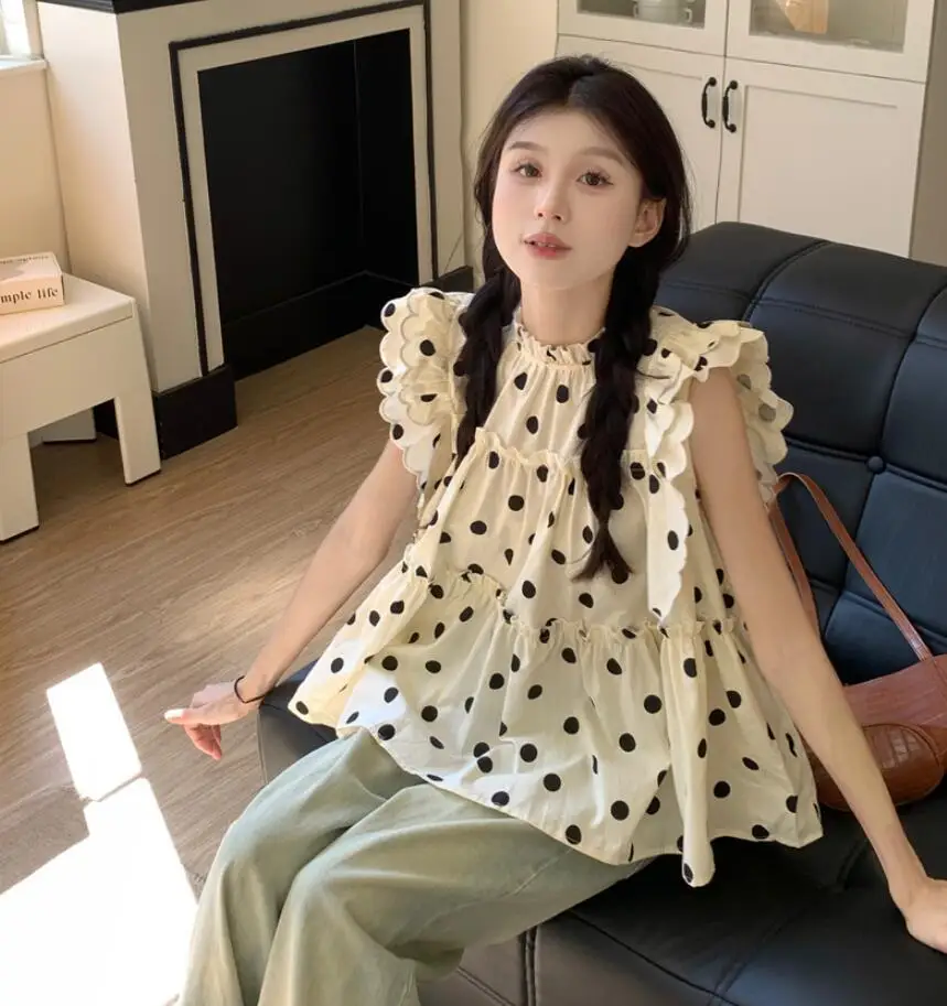 Sweet Pok Dot Flying Sleeve Blouse For Women's Summer 2023 New Korean Style Wood Ears Loose Casual Unique Small Shirt Top s611