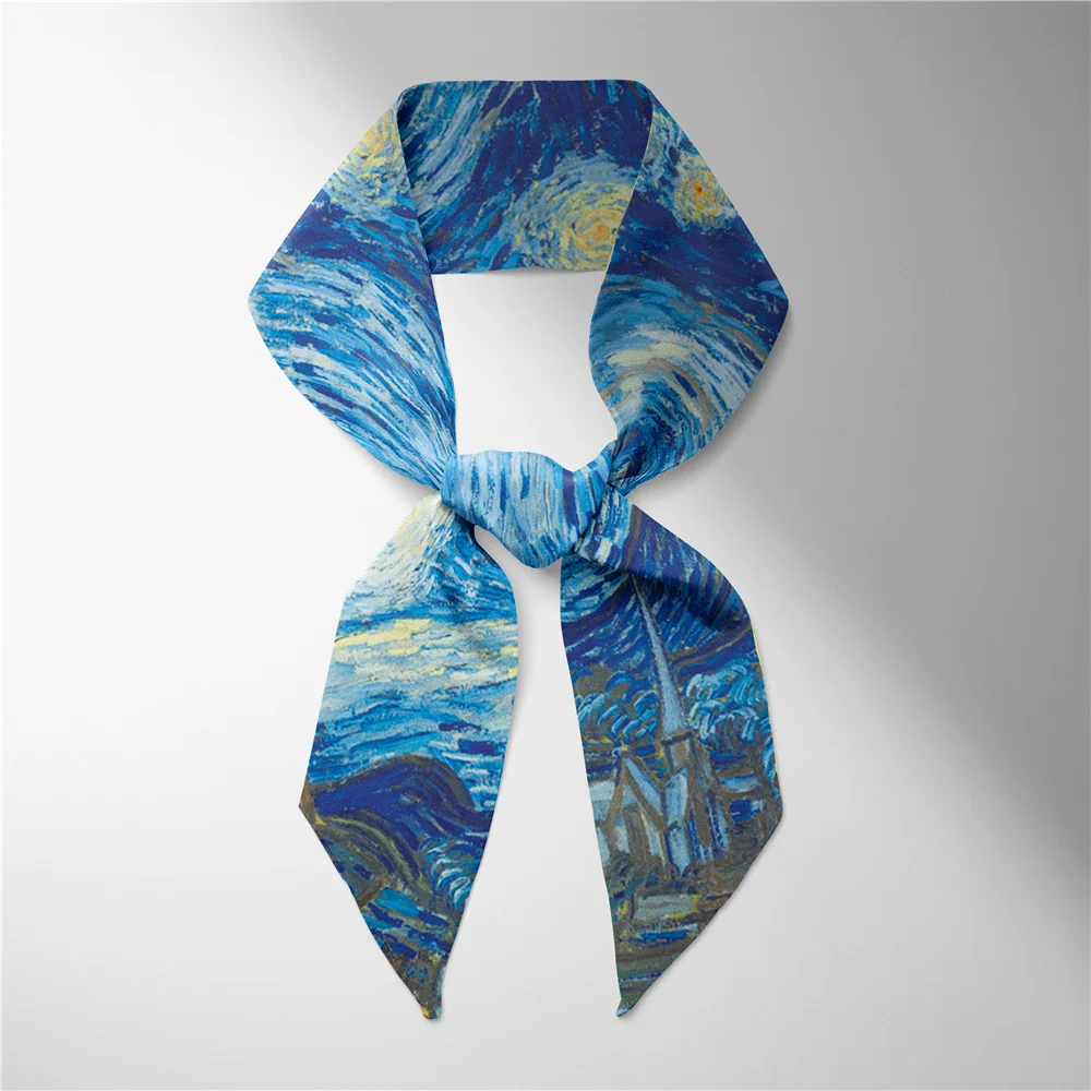 New Oil Painting Hair Scarf Fashion Women Headband Brand Silk Scarf Bag Skinny Scarves Design Wrist Towel Foulard Neckerchief