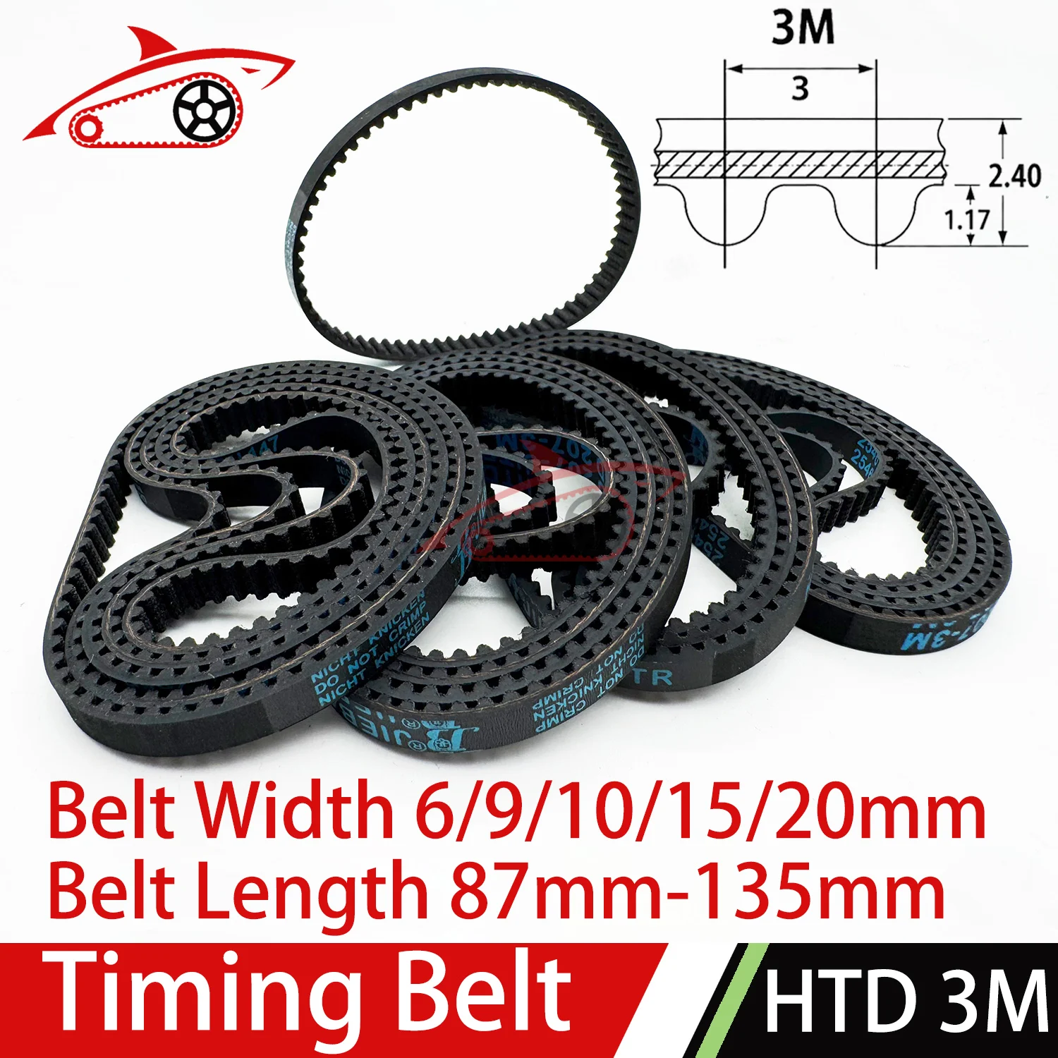 HTD 3M Timing Belt Length 87 90 96 99 102 105 108 114 117 120 123 126 129 132 135mm Width 6-20mm Closed Loop Synchronous Belt 3M