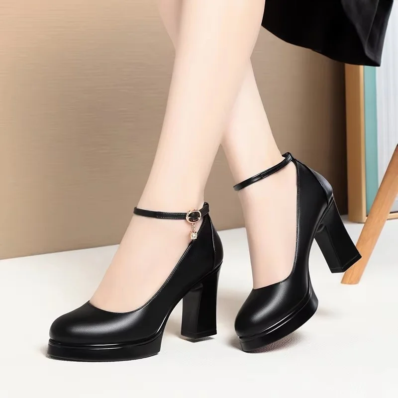 6cm 9cm All Match Breathable Comfortable Shallow Soft Leahter Shoes Platform Pumps 2025 Spring Block Heels Shoes for Office Mom