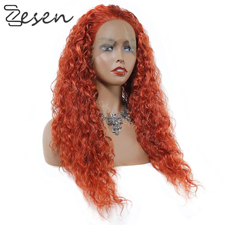 26 Inches Gember Oranje Lange Losse Krullend Synthetische Pruiken Lace Front Pruik Voor Zwarte Vrouwen Diepe Golf Dagelijks Cosplay Warmte slip