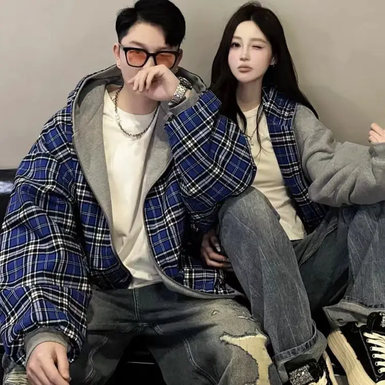 

Корейская новая классическая двусторонняя молния с клетчатой подкладкой, негабаритная повседневная дышащая толстовка с капюшоном для мужчин и женщин, однотонная уличная одежда в стиле ретро