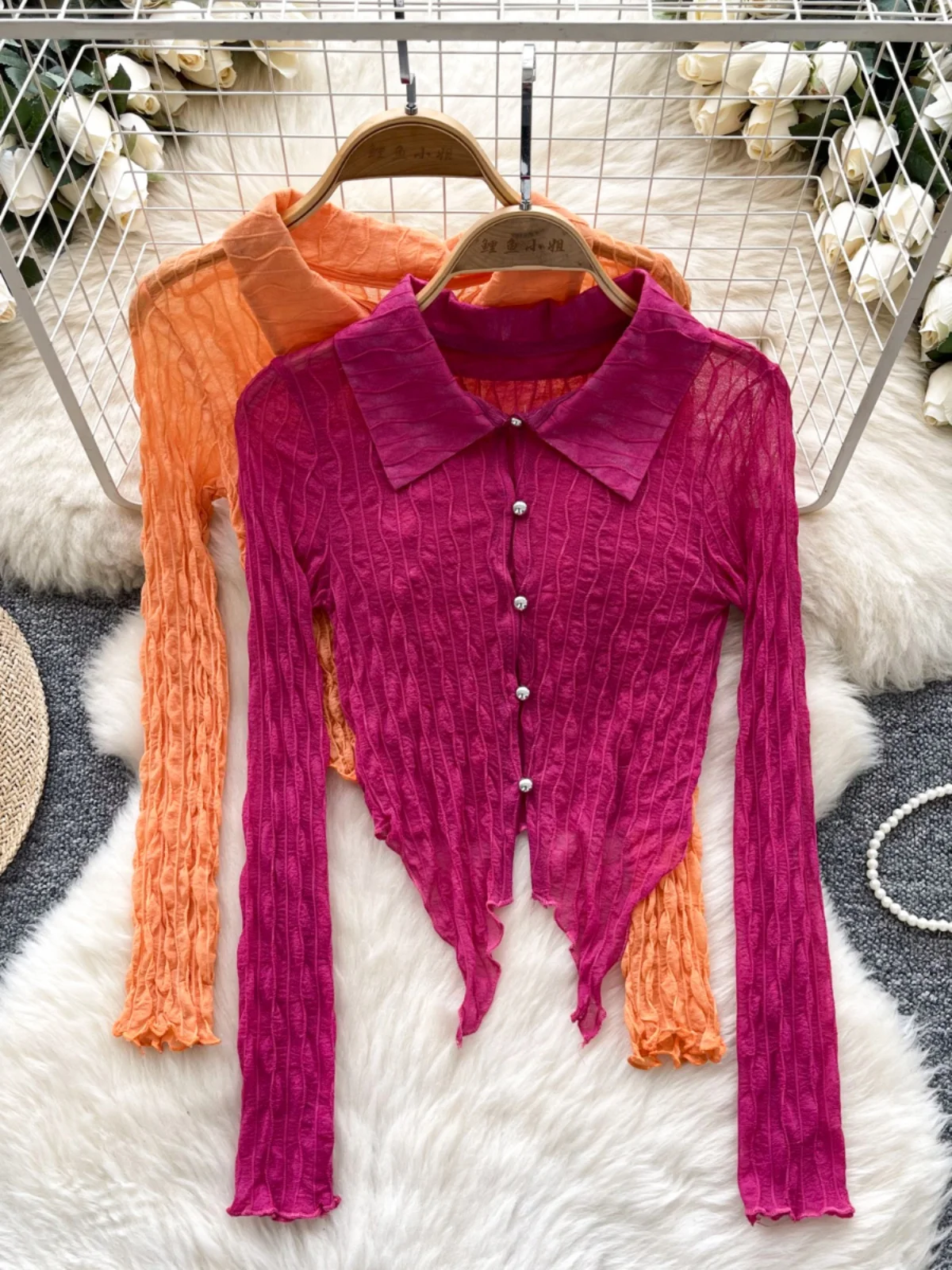 

Design Sensation Women's Slim Fit ort irt Irregular Pleats Thin Cardigan Korean Sle Long Sve Office Wear Spring Autumn