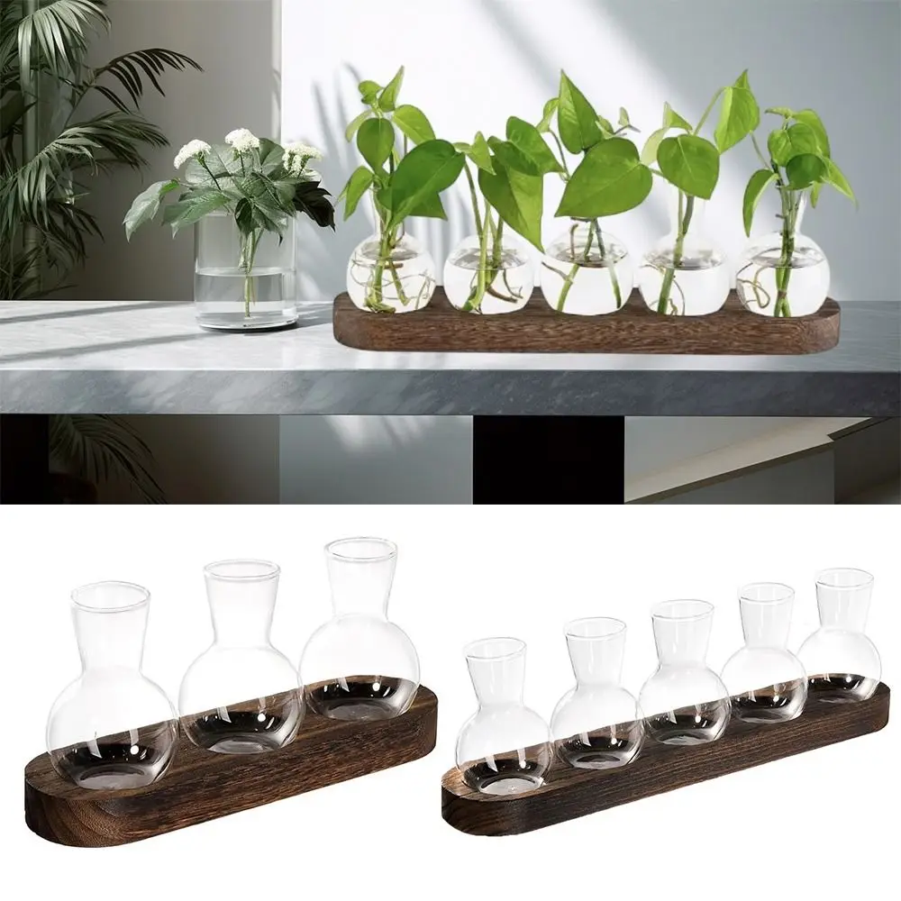 Transparente Hydrokultur-Glasvase mit Holztablett, Knospenvasen, Pflanzenterrarium, Vermehrungsstation, Glaspflanzer, Heimdekoration