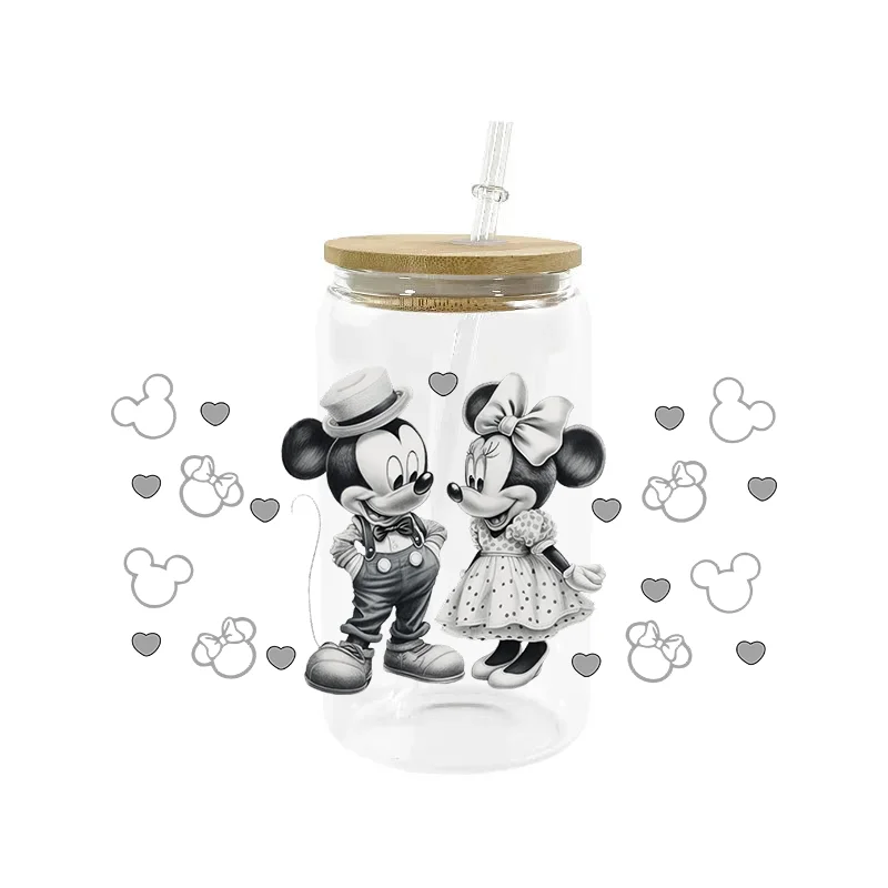 Miniso Mickey Minnie Lover Cartoon High-Quality Wraps 16oz Glass Cup UV DTF Wrap Transfer Printing Transfer Decals