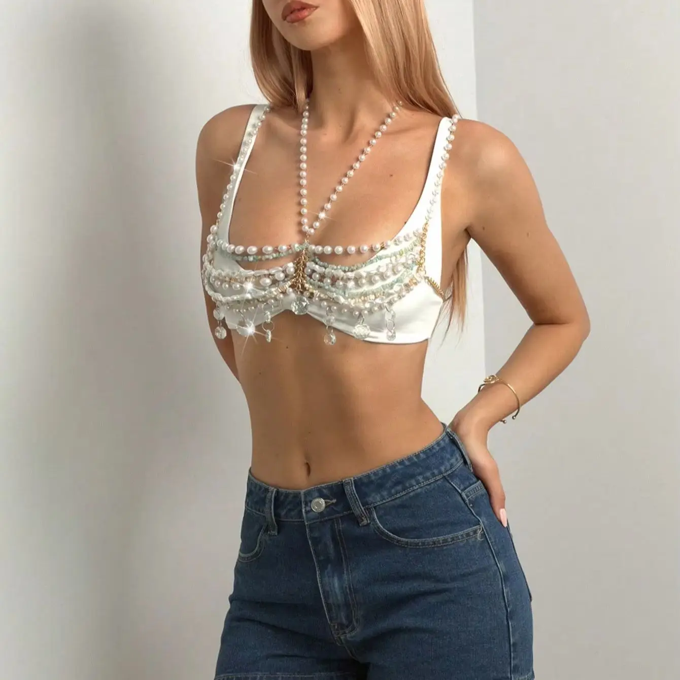 Trendy Pearl Beaded Bralette Top For Women Sexy Hollow See Through Tassel Tank Top Y2K Aesthetic Party Club Rave Outfit Birthday