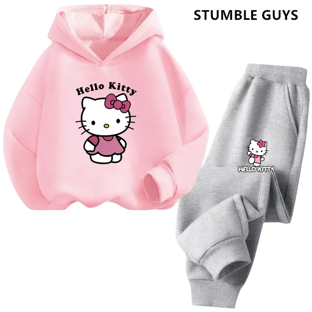 Kawaii Hello Kitty Hoodie Set Kids Casual Funny Tracksuit Boys Kuromi Hoodies Long Pants 2Pcs Sets Kids Sweater Clothing