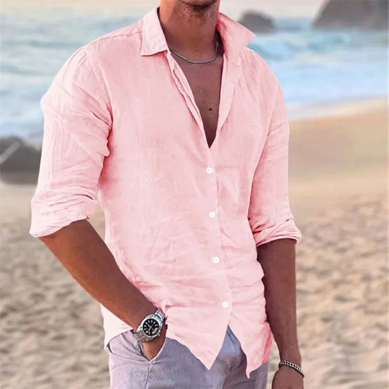 New Men's Cotton and Linen Long Sleeve Shirt Fashion Casual Lapel Beach Shirt Solid Color Hawaiian Vacation Shirt