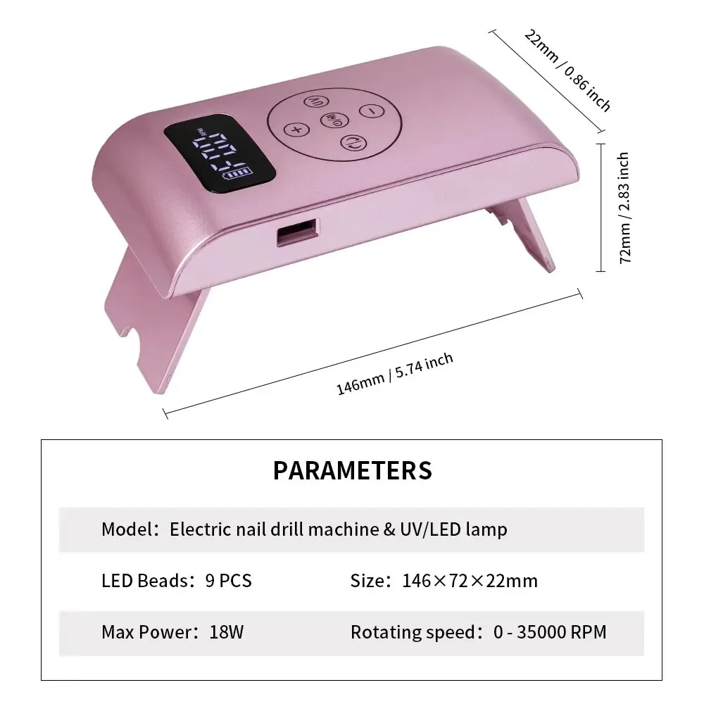 35000RPM เครื่องเจาะเล็บไฟฟ้าแบบพกพาพร้อมจอแสดงผล LCD UV โคมไฟเล็บฟังก์ชั่นการอบแห้งแบบชาร์จไฟได้สําหรับเล็บ