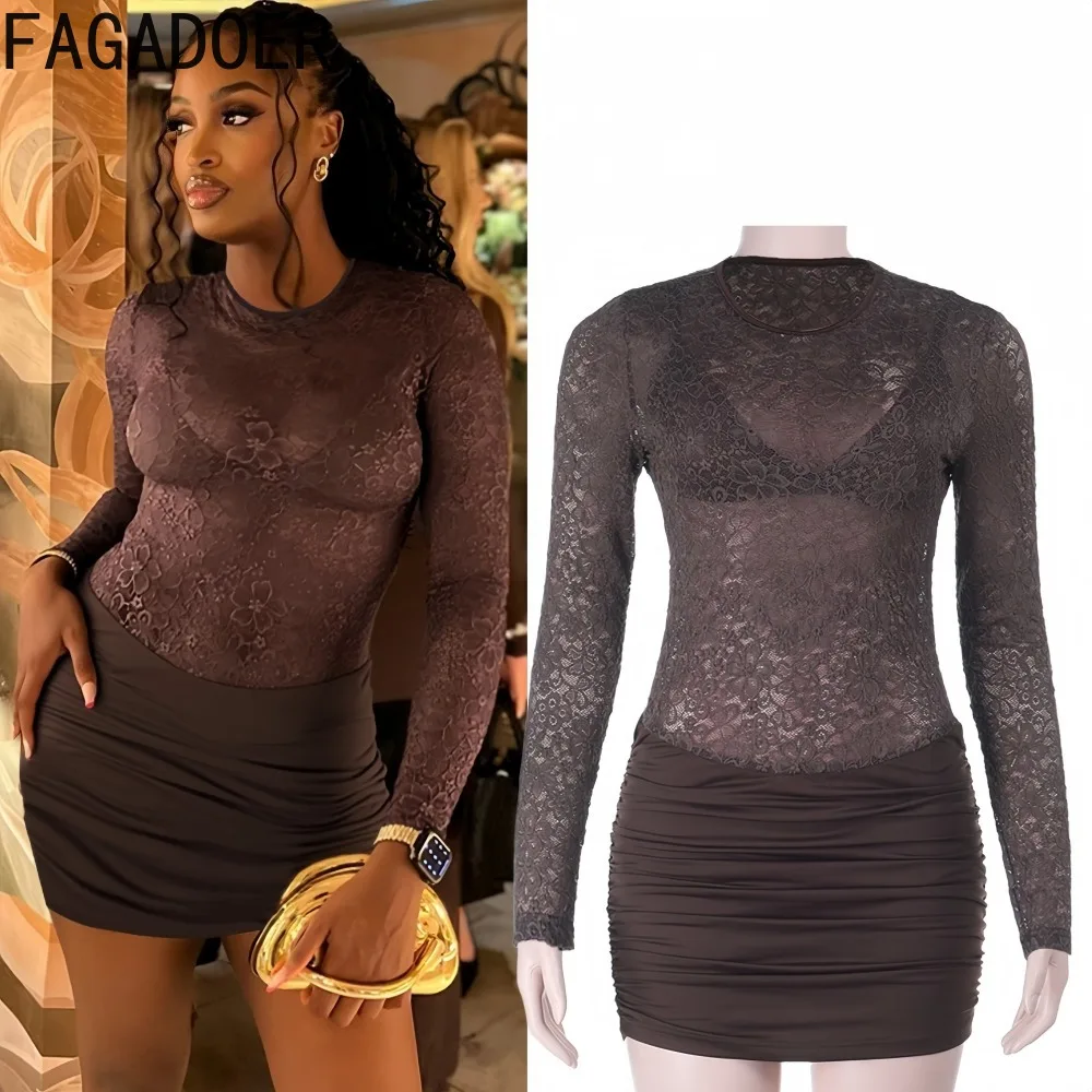 

FAGADOER Sexy Mesh See Through Bodycon Mini Dresses Women Solid Color Flower Long Sleeve Dress Female Nightclub Vestidos New