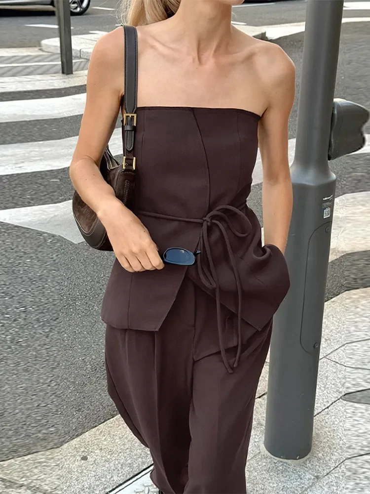 Set Celana Atasan Berenda Tanpa Tali Sabuk Pinggang Cinched Fashion Perjalanan Kasual Setelan Rompi Blus Celana Panjang Kaki Lebar Pakaian Formal Wanita