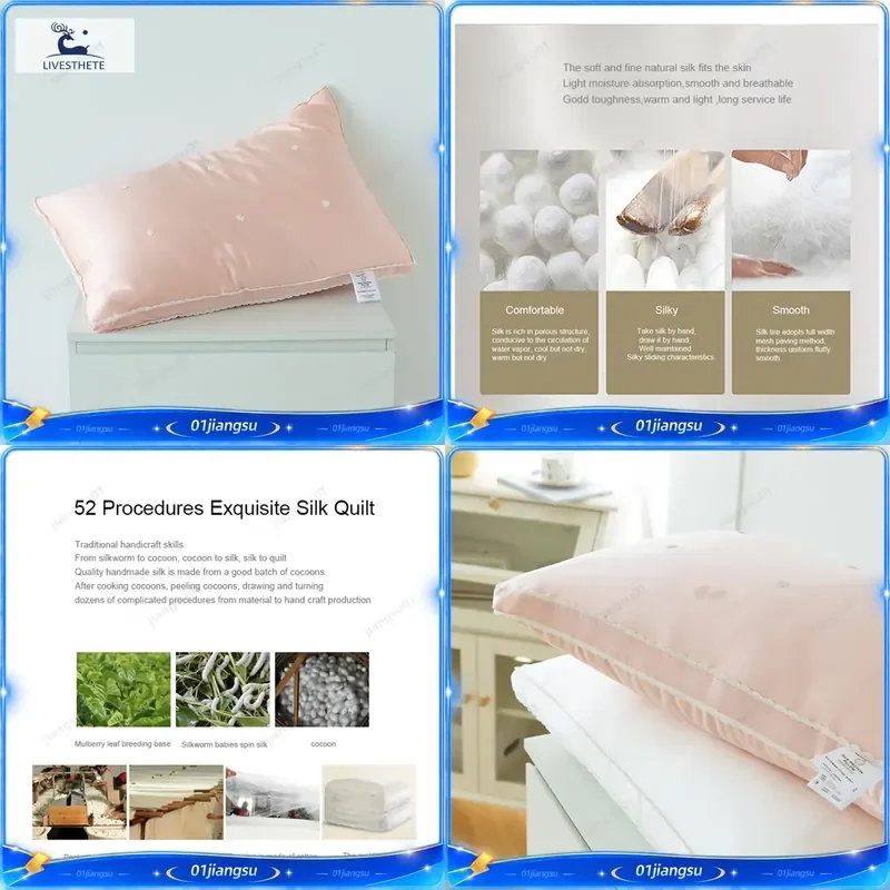 100% Mulberry Silk Pillowcase for Women Pink Jacquard Silk Inner Pillow Core King Queen Size Neck Support Sleeping Bedding