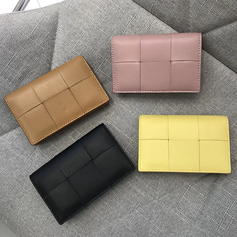 Luxury Weave Leather Card Holder Women Bifold Knit Cassette Female Business Credit Card Case Portable Lipstick Small Wallet