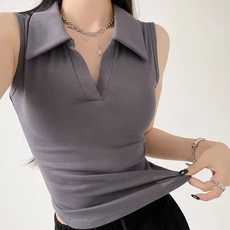 

2025 Slim Fashion Trend Simplicity Summer New Style Tank Top Sense of Design Turn-down Collar Solid color sleeveless Ladies tops
