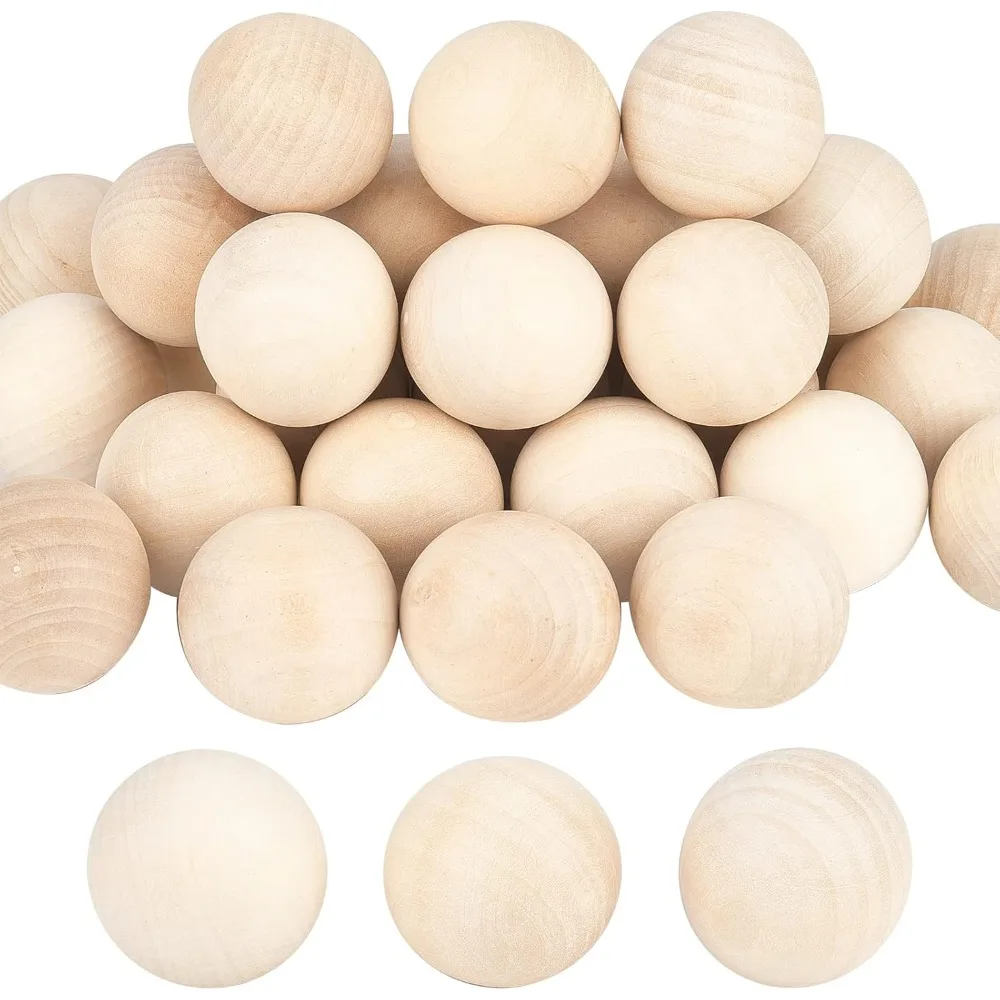 30pcs 40mm Wooden Round Ball, Unfinished Natural Wood Beads No Hole Wooden Loose Beads Balls Spheres for Gnomes Wine