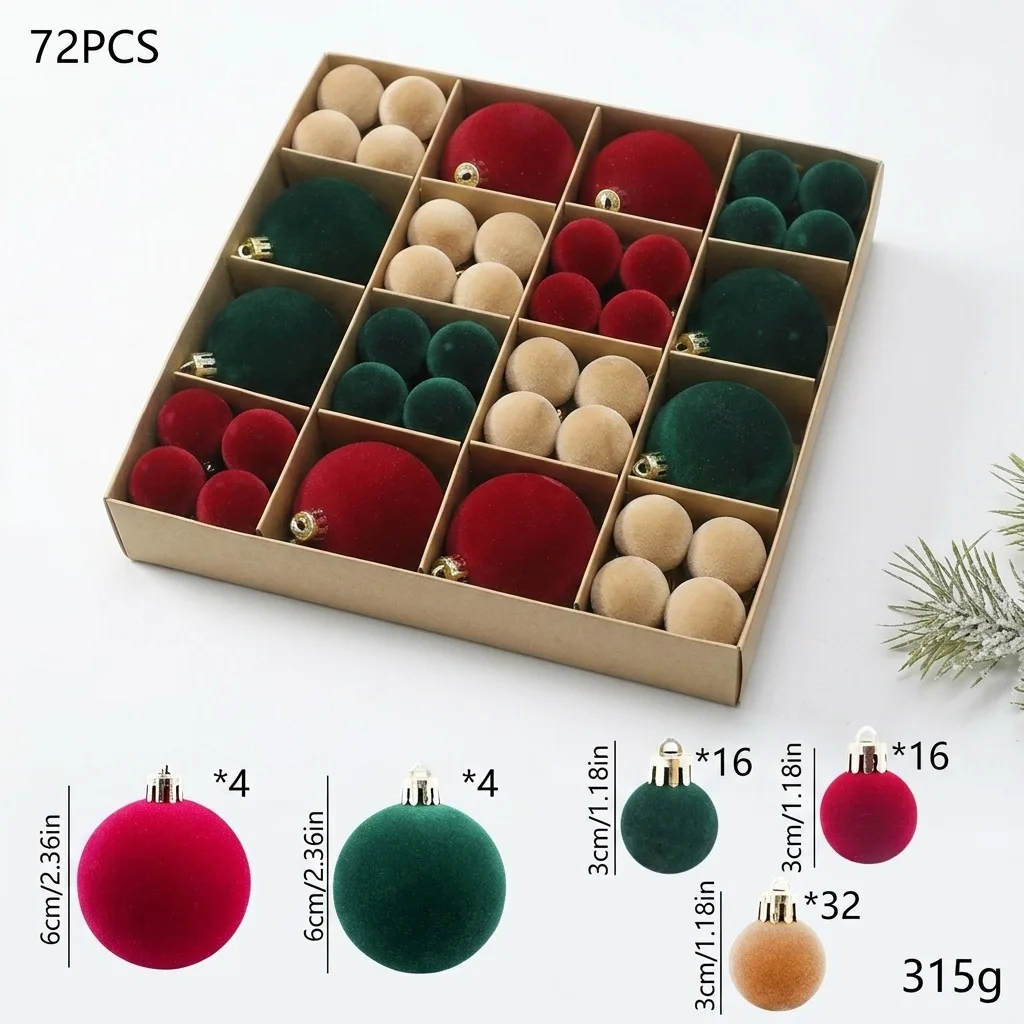 72pcs 3-6cm Soft Xmas Tree Hanging Bauble Set Textured Round Pendant Display Home Festival Christmas Party Ball Suit Decoration