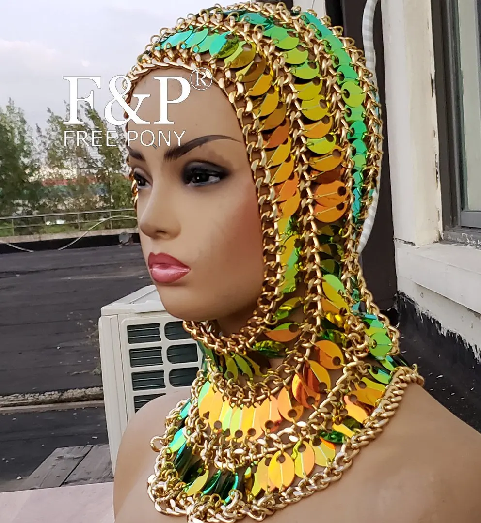 Burning Man Festival Gold Hood Chain Couture  Headpiece Carnival Drag Queen Costume Gogo Dancer Stage Halloween Accessories