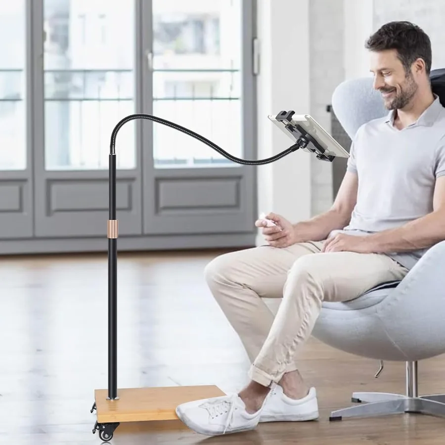 Soporte de suelo para tableta wishacc con soporte giratorio ajustable en cuello de cisne y ruedas para mesita de noche Compatible con iPad Galaxy Tab Kindl