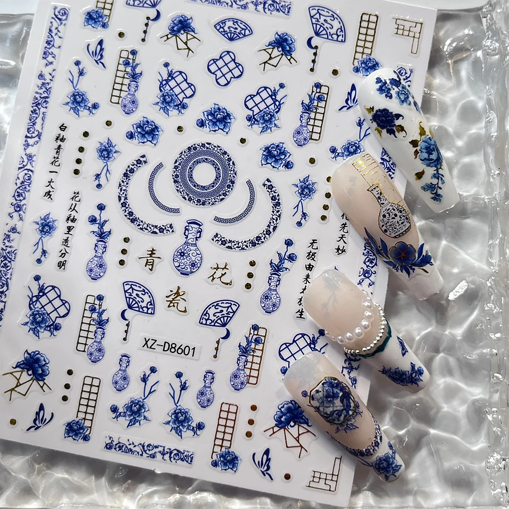 1 stks 3D Blauw Wit Porselein Chinese Stijl Nail Sticker Zelfklevende Blauwe vaas/raam bloem/pioen patroon Nail decals decor # 7@