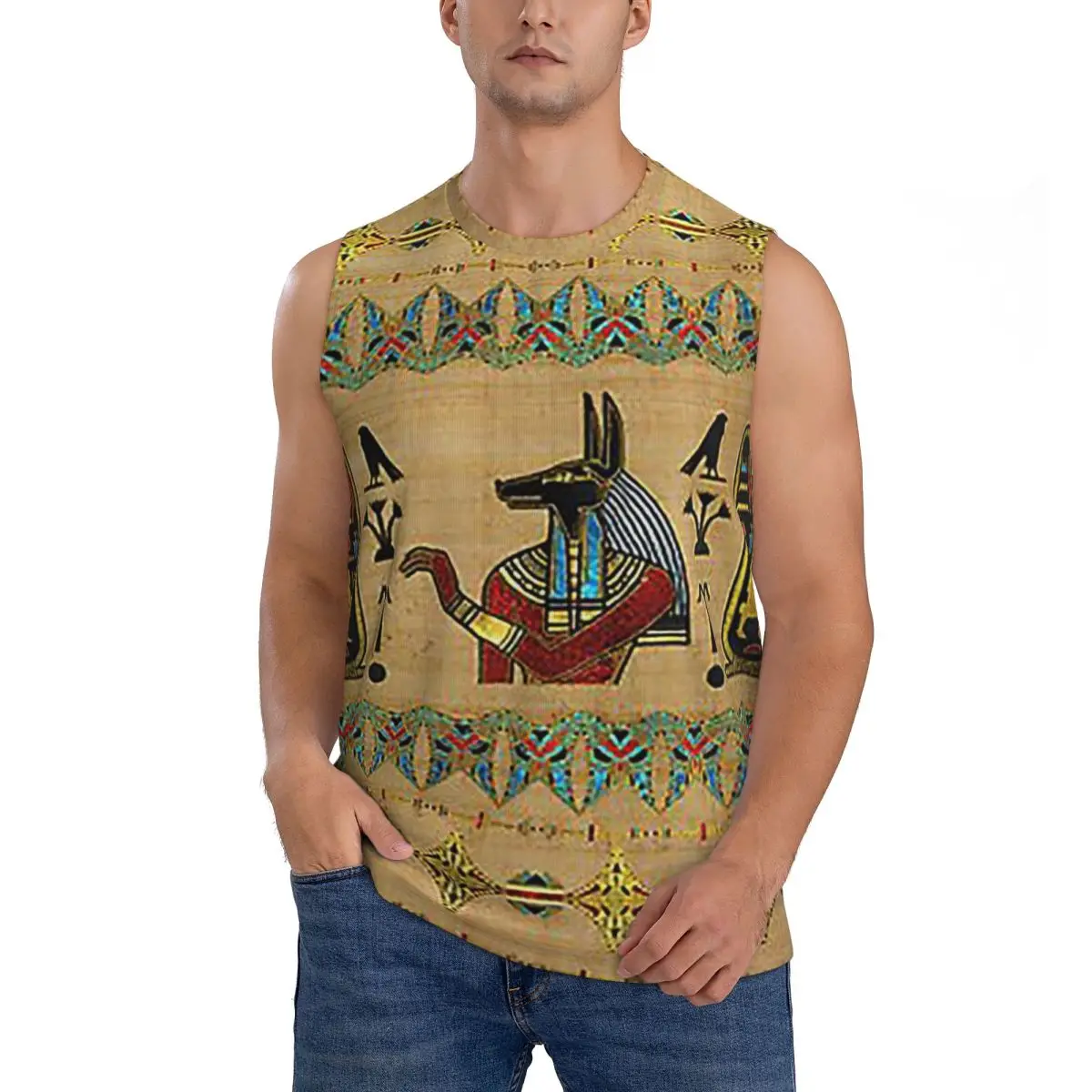 Egyptian Anubis Ornament On Papyrus Men Sleeveless Tank Tops Quick Dry Breathable Gym Fitness Running Summer Casual Sport Vest