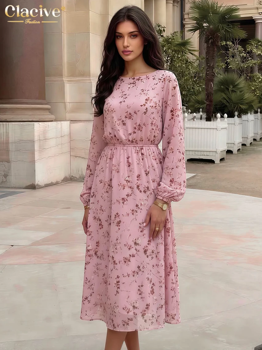 Clacive Fashion Loose Print Women's Dress 2027 Autumn O-Neck Long Sleeve Ankle Length Dresses Lady Elegant Classic Female Dress