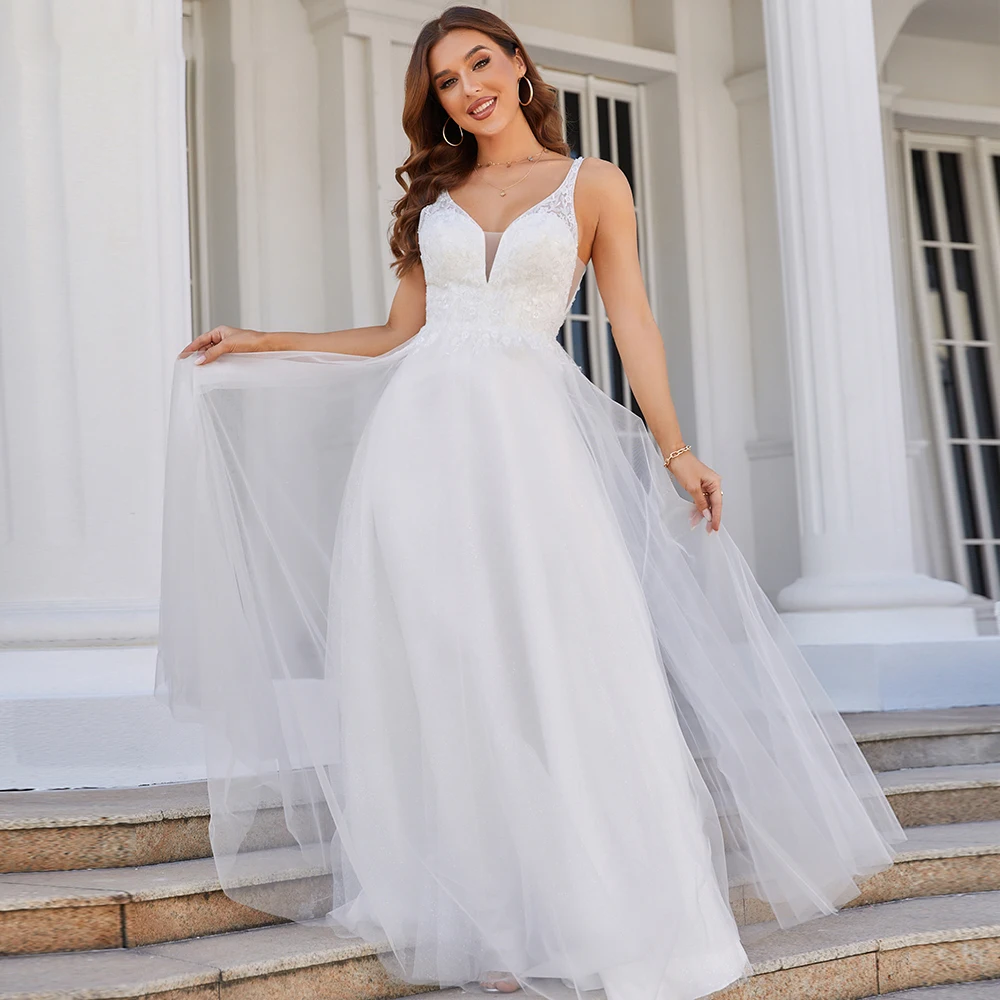 Gợi Cảm Một Dòng Áo CướI Cổ V Chân Váy Xòe Caro Ren Appliques Voan Cô Dâu Áo Hở Lưng Áo Dây De Mariee Vestidos De novia