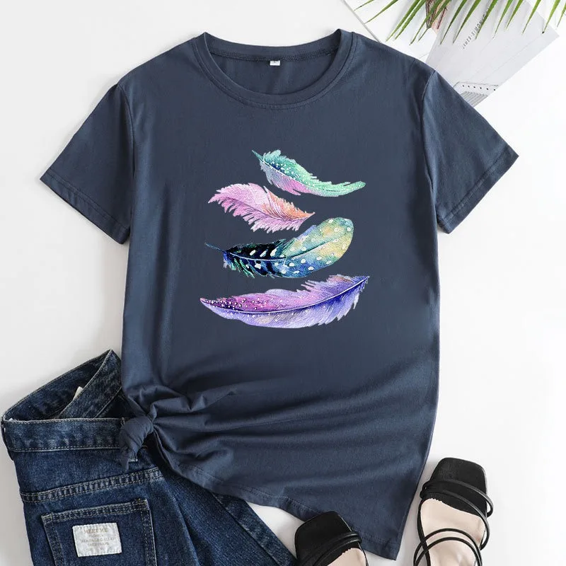 JFUNCY Women Summer T-shirt Woman Short Sleeve Tops Colorful Feathers Print Tshirt  Casual Loose Female Cotton Tees