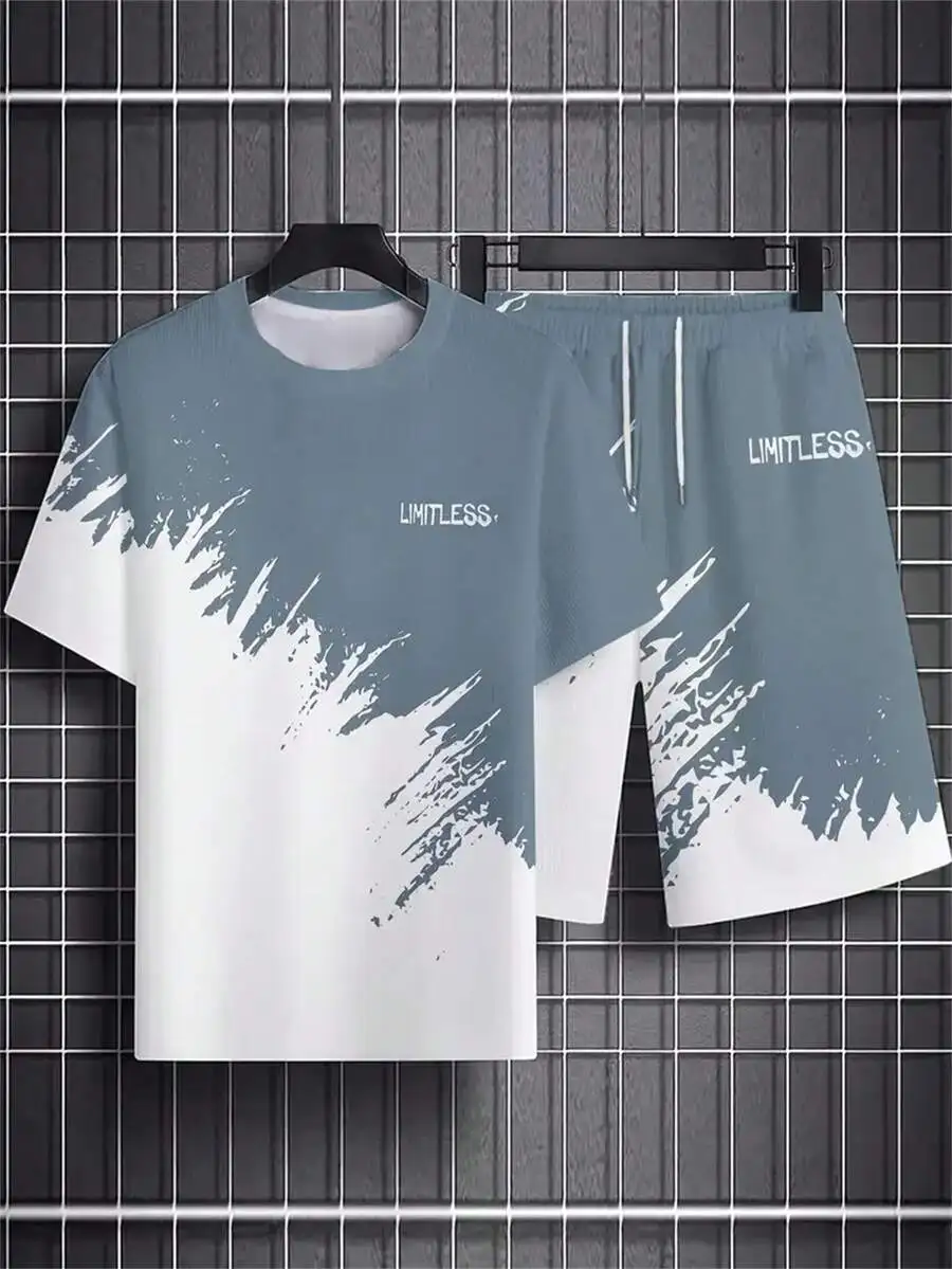 

Mens Grey White Mottled 3D Print Casual Sports Set T-Shirt And Shorts Regular Fit Breathable Polyester