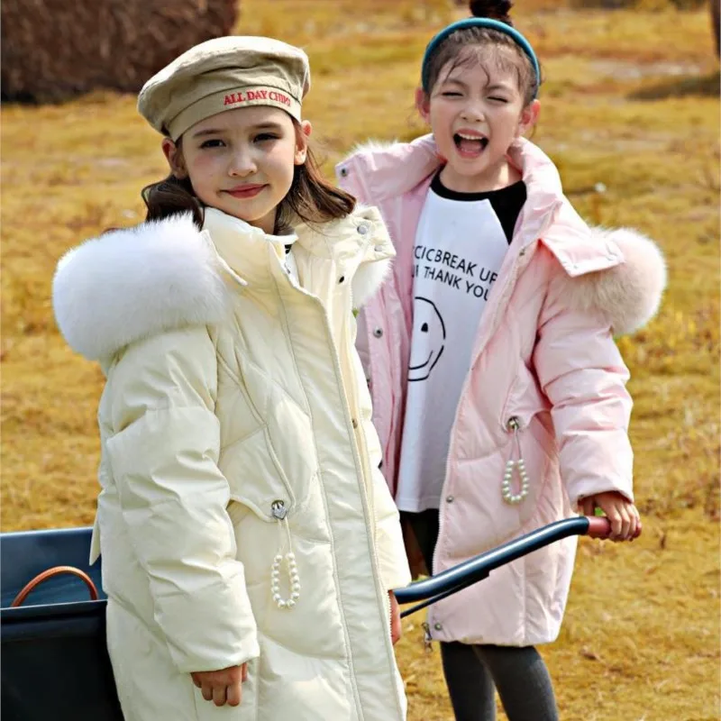 

-20 Degree Duck Down Jacket For Teens Girls Faux Fur Hooded Warm Long Jacket Coat For Kids Girl Children Outerwear Clothes