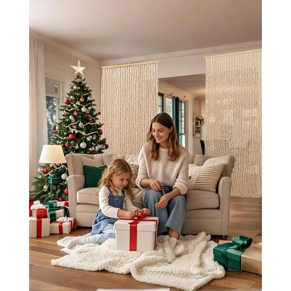 Natürlicher Boho-Perlenvorhang, 35,5 x 79, handgefertigte Bambus- und Holzperlen, Raumteiler und Insektenschutz, Beige