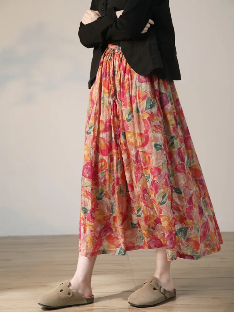 

Retro Floral Print Jute f Skirt Women's Spring Summer New Elastic Waist Slimming Full A-Line Midi Skirt Anti-Aging