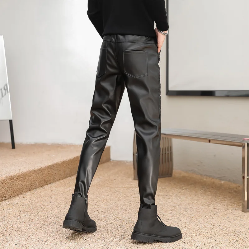 Pantalon de moto en cuir PU pour hommes, pantalon noir à la mode, conception de fermeture à glissière Rivet, style punk, automne