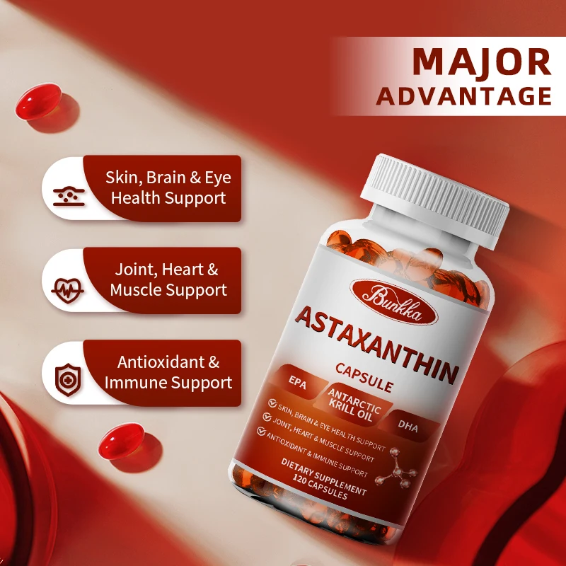 BUNKKA Astaxanthin Capsules with Fish Oil EPA DHA Eyes Heart Brain Skin Beauty Health Oxygen Free Radical Refresh Supplements