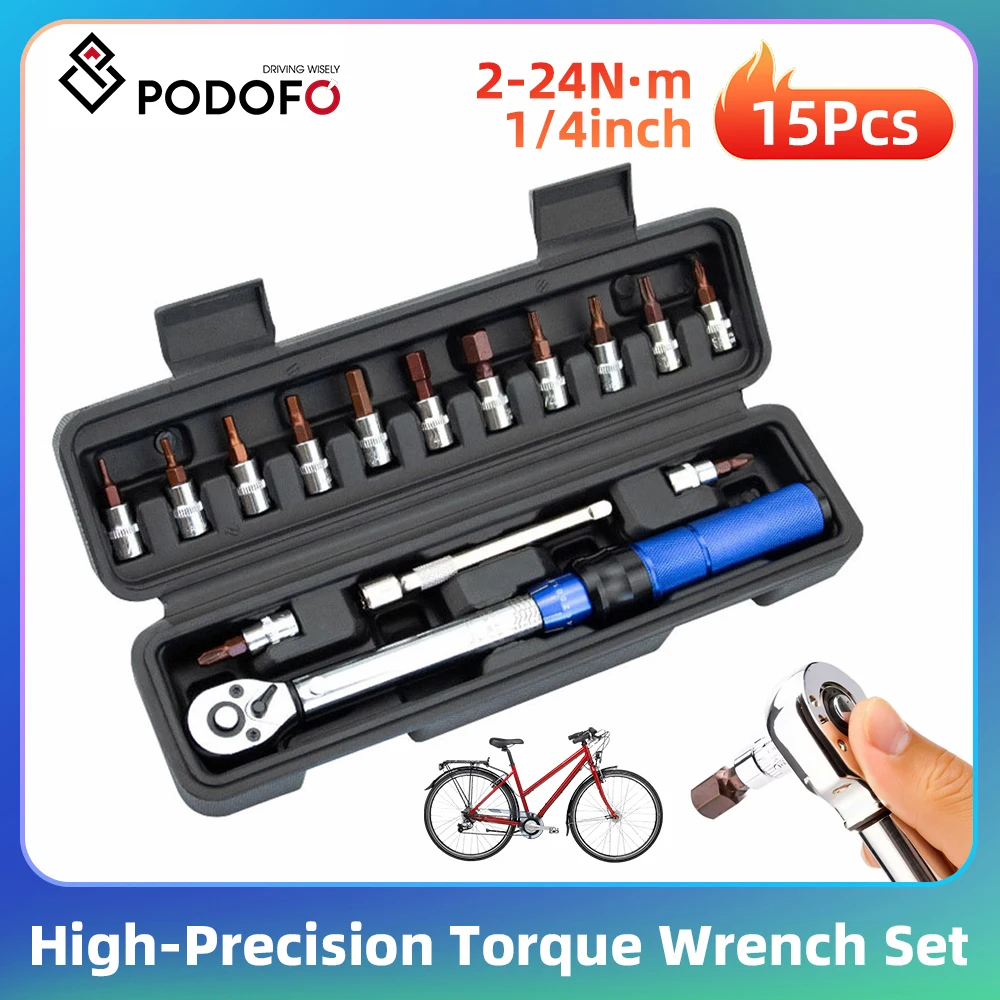 Podofo 15-teiliges Fahrrad-Drehmomentschlüssel-Set, verstellbar, hochpräzise, 1/4 Zoll, Drehmomentschlüssel, Ratschenschlüssel, H2.5 H3 H4 H5