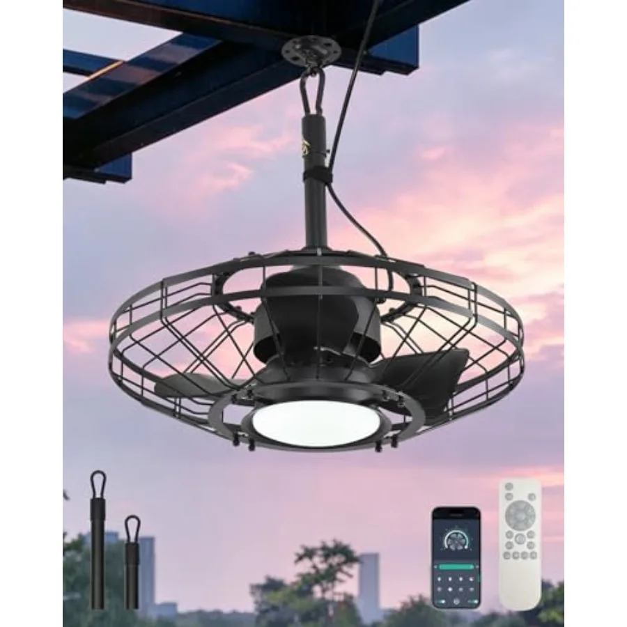 

Outdoor ceiling fan for patio porch: black waterproof gazebo fan with hanging hook, 6-speed reversible motor, memory 3CCT light