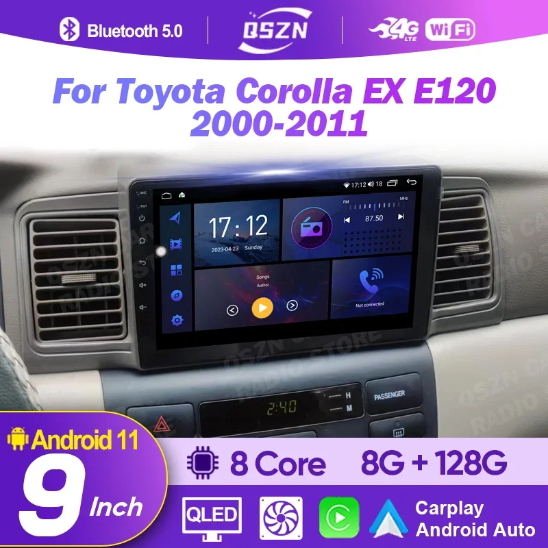 

Автомагнитола на Android 12,0 для Toyota Corolla EX E120 2000-2011, 2 Din, мультимедийный проигрыватель, навигация, 4G, GPS, Carplay, автомобильный стерео DVD