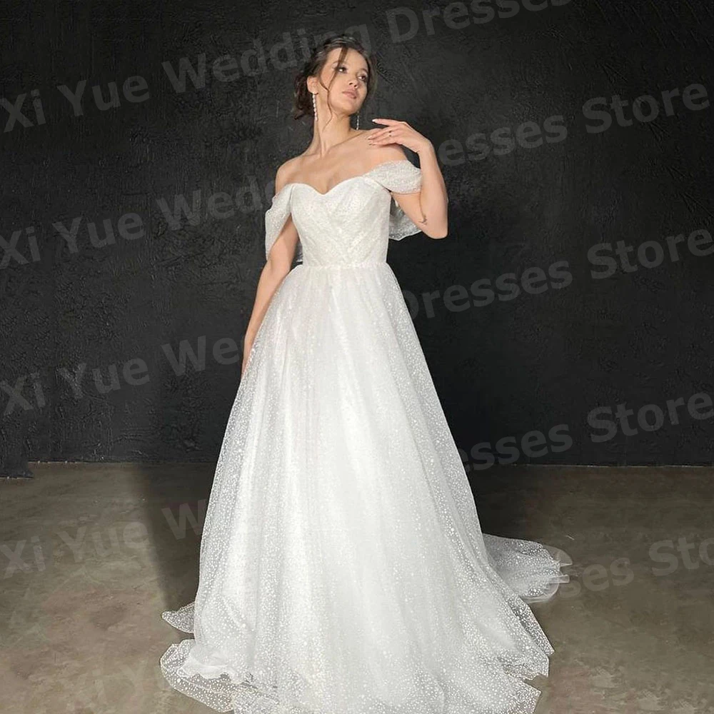 

Sparkling Shiny A Line Women's Wedding Dresses Off Shoulder Robe De Mariage Bride Gowns Customized Sleeveless Backless Vestido
