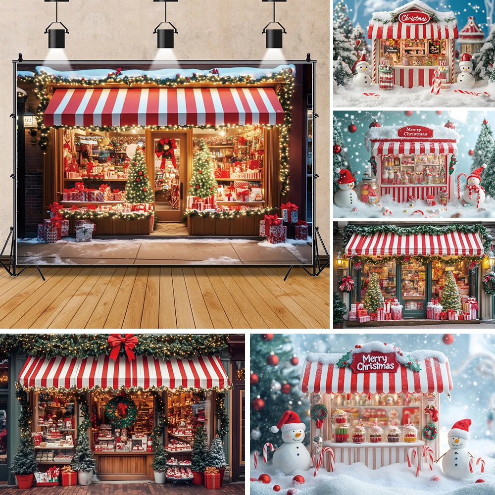 

Christmas Shop Window Backdrop Gifts Xmas Tree Winter Street Snowman Red Candy Children Portrait Photography Background Photo Pr