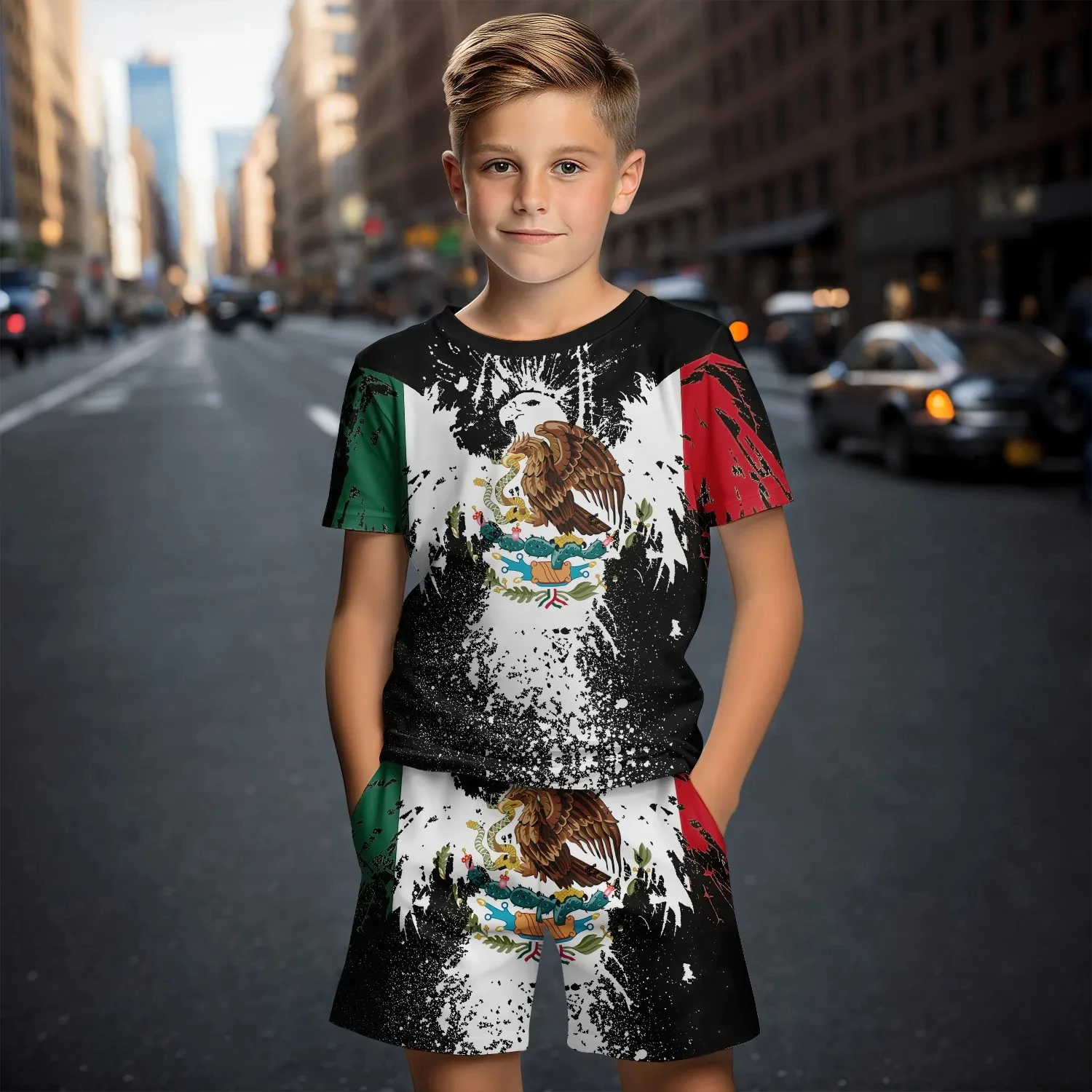 Summer New Children\'s Clothing Set 3d Printed Mexican Independence Day Boys Shorts + Short-Sleeved T-Shirt Casual Clothing