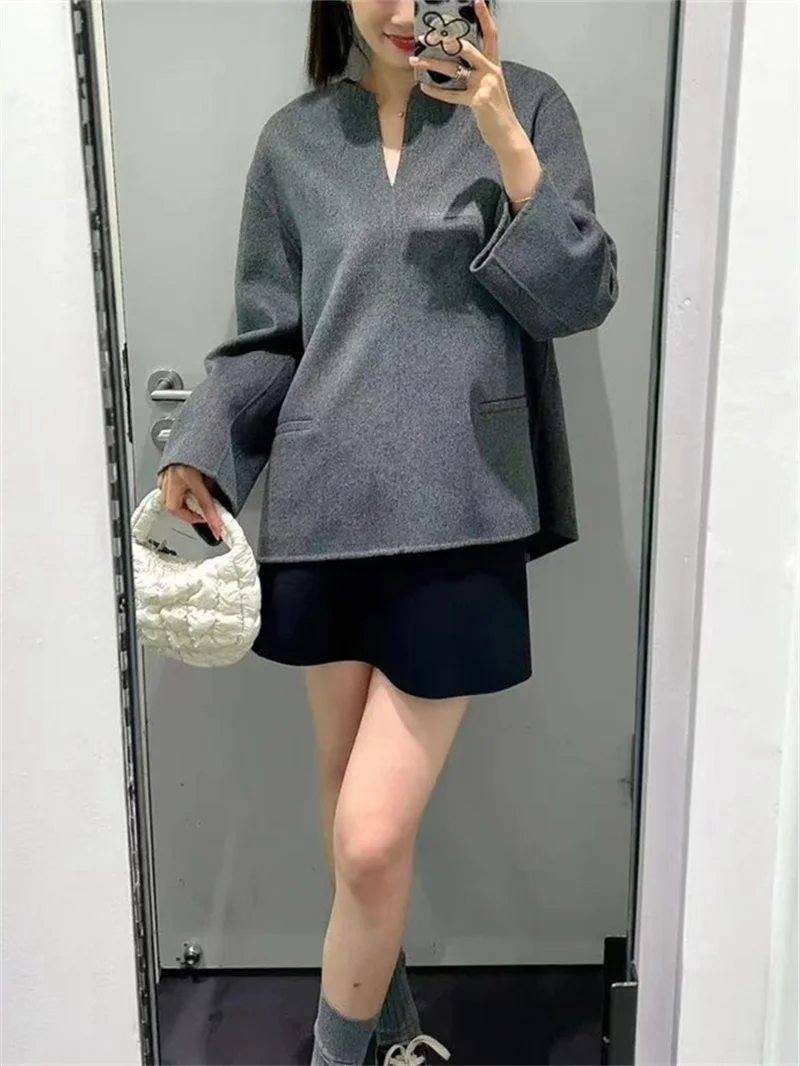 Ladies Round Neck Long-Sleeved Woolen Coat 2024 Autumn and Winter Women's Double-Faced Wool Pullover Jacket