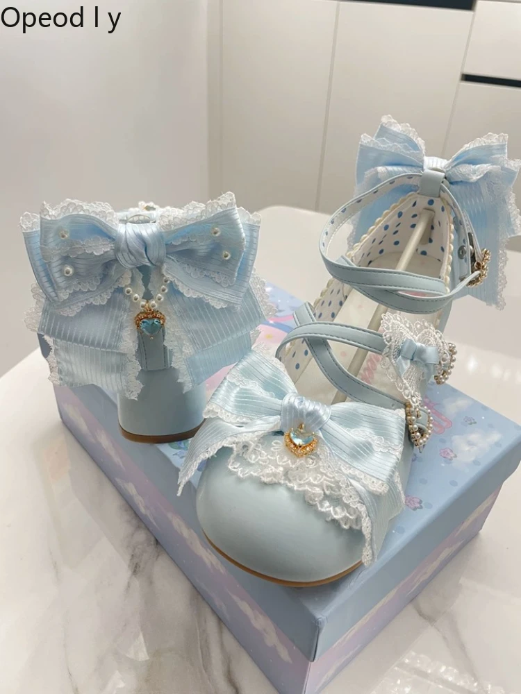 Sweetheart girl doll sense Japanese original Lolita high heels lace bow gorgeous round head middle heel Mary Jane single shoes